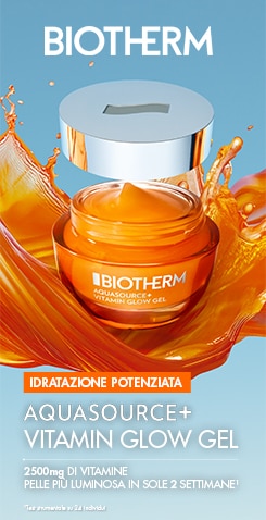 Biotherm Aquasource+ Vitamin Glow Gel: crema viso con 2500 mg di vitamine, presentata con texture fluida arancione per un effetto luminoso sulla pelle.