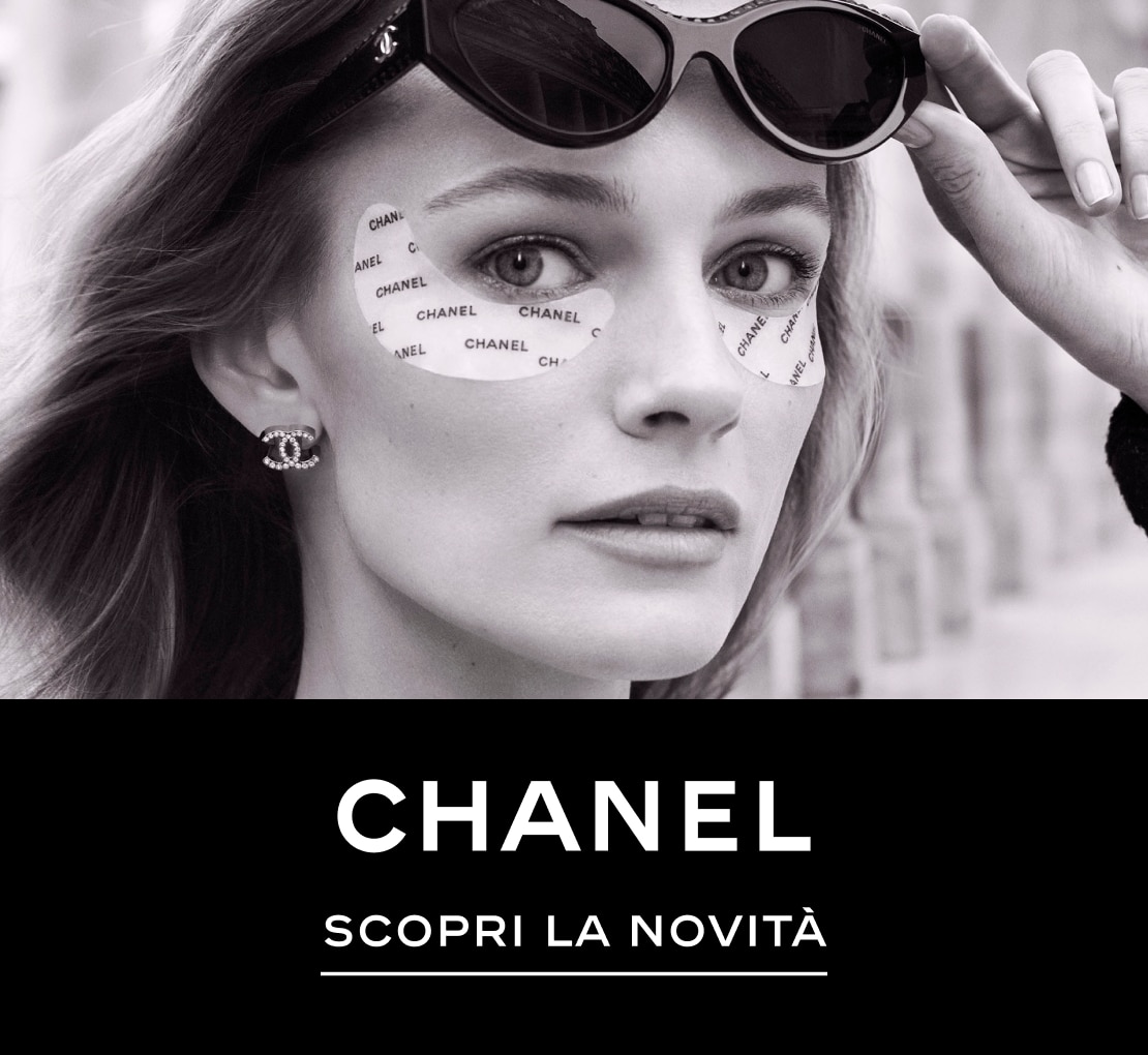 Modella con occhiali da sole e patch occhi Chanel, promozione novità del brand