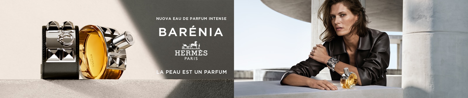 Profumo Hermès Barénia con bracciale e giacca di pelle