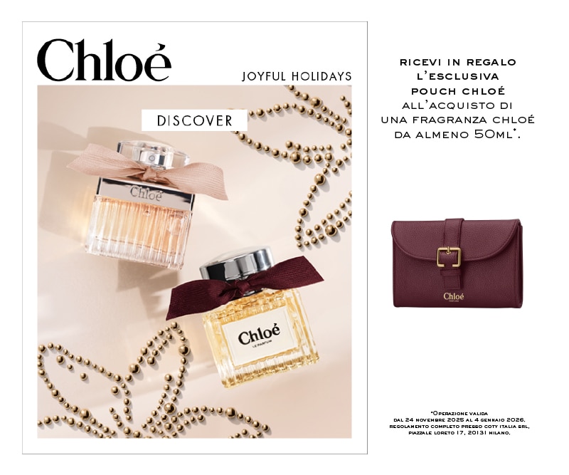 Chloé Joyful Holidays, due profumi Chloé con fiocchi rosa e bordeaux tra decorazioni dorate, pouch Chloé in regalo all’acquisto di fragranza da 50 ml.