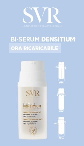 Bi‑Serum Densitium di SVR in versione ricaricabile su sfondo azzurro, accompagnato da icone che mostrano i passaggi twist, unlock e refill.