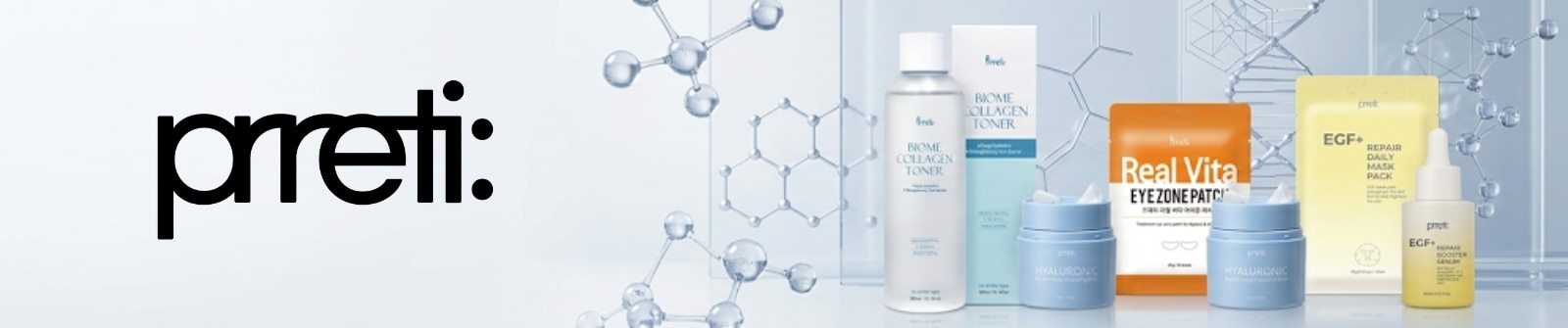 Prreti Skincare, collezione completa con Real Water Eye Zone Patch, Real Vita Eye Zone Patch, Biome Collagen Toner, Real Aloe Soothing Gel ed EGF+ Repair Daily Mask Pack per una beauty routine mirata e quotidiana