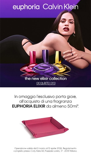 Fragranze Calvin Klein Euphoria Elixir nei flaconi rosso, viola, blu e oro con accessorio porta‑gioie in omaggio all’acquisto di una fragranza da almeno 50 ml.