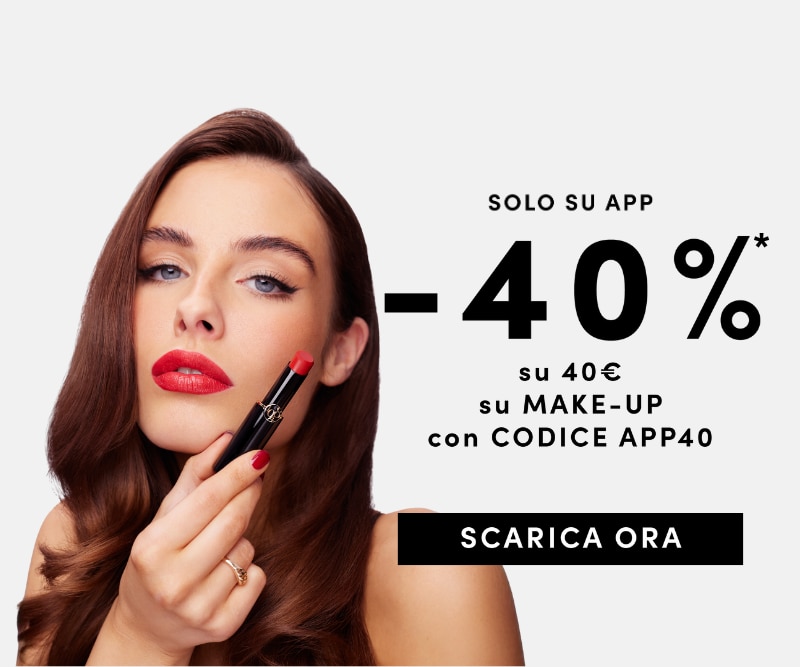 Promo make-up: -40% su 40€ con codice APP40 tramite app. Immagine con rossetto rosso e invito a scaricare l’app