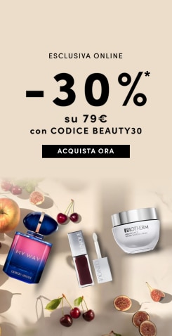 Promo -30% su 79€ con codice BEAUTY30, prodotti cosmetici My Way, Clinique e Biotherm su sfondo autunnale