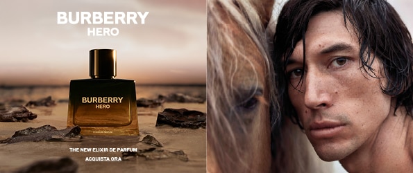 Campagna Burberry Hero con flacone della fragranza in primo piano accanto al muso di un cavallo su sfondo naturale.