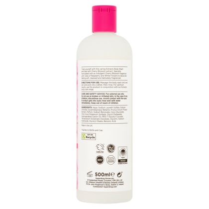 500 ML Superdrug Extracts CHERRY BLOSSOM BODY WASH Bagnoschiuma ai Fiori di Ciliegio e Albicocca  1 di 2 