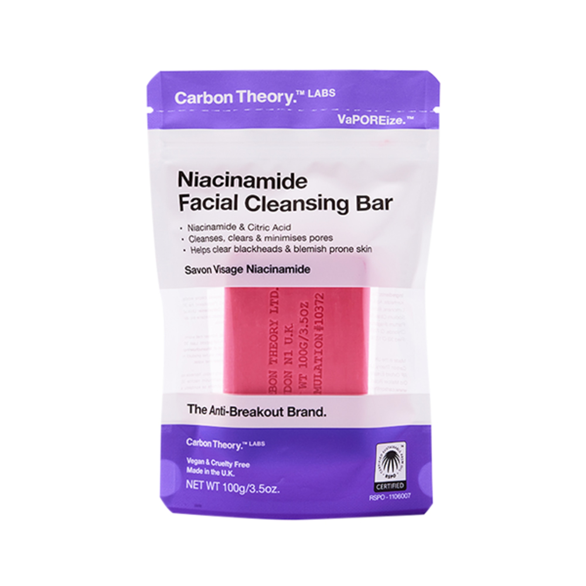 100 G Carbon Theory NIACINAMIDE FACIAL CLEANSING BAR Detergente Solido Viso con Niacinamide e Acido Citrico 1 di 1