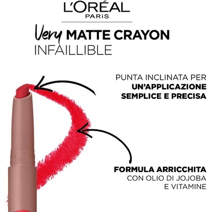  L'Oréal Paris VERY MATTE CRAYON INFAILLIBLE Rossetto effetto opaco, comfort estremo, a lunga durata  1 di 3 