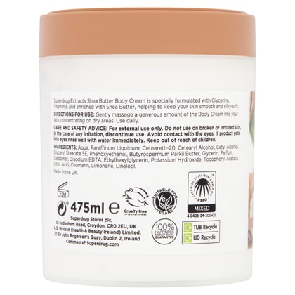 475 ML Superdrug Extracts SHEA BUTTER BODY CREAM Crema Corpo al Burro di Karitè e Mandorla  1 di 2 