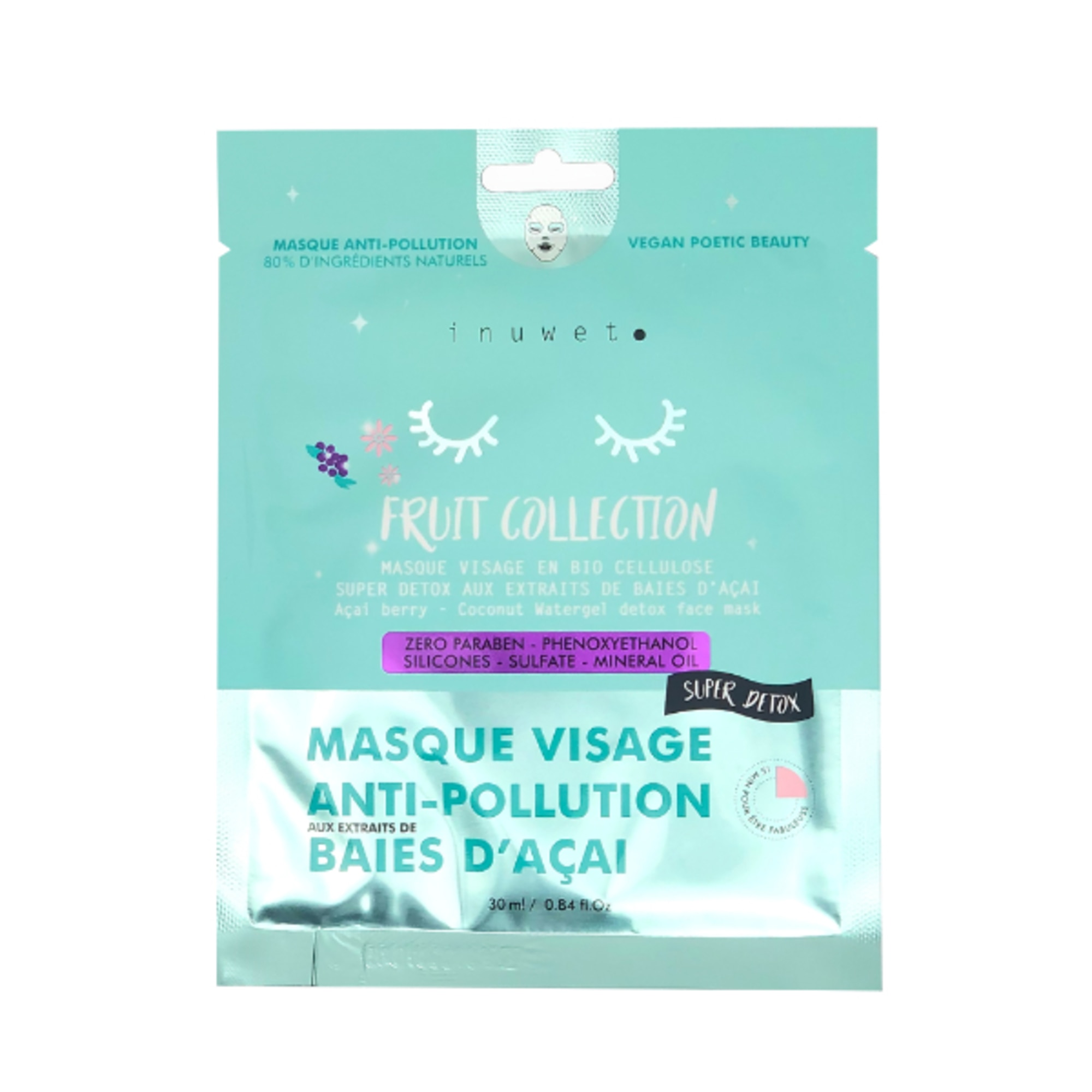 Inuwet FRUIT COLLECTION ACAI Maschera Viso Detox Bio Cellulosa 1 di 2