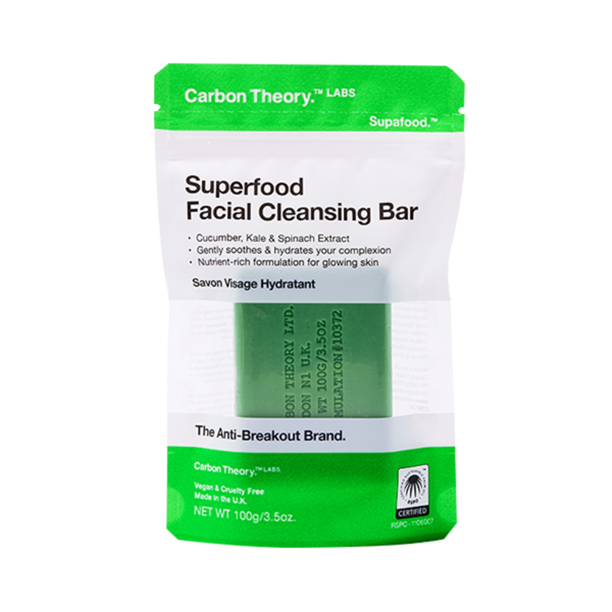 100 G Carbon Theory SUPERFOOD FACIAL CLEANSING BAR Detergente Solido Viso con Estratto di Cetriolo, Cavolo Nero e Spinaci 1 di 1