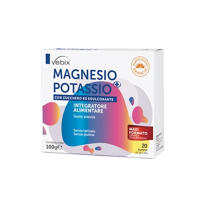 20x5g Vebix INTEGRATORE MAGNESIO & POTASSIO Integratore con zucchero ed edulcorante a base  di Magnesio, Potassio e Vitamina C  1 di 1 