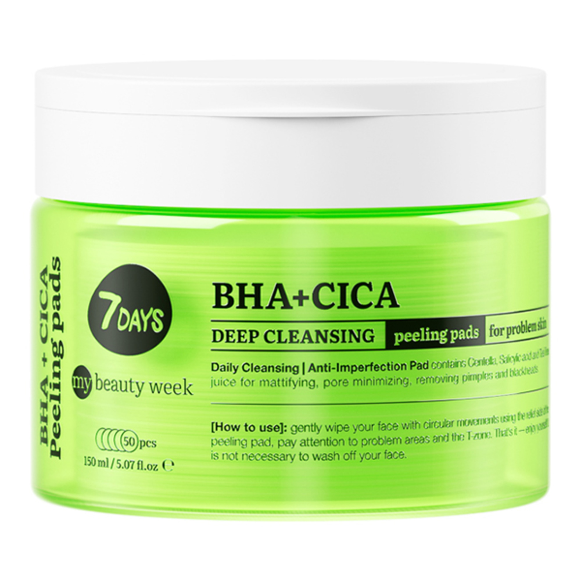 150 ML 7Days BHA+CICA Peeling Pad Viso Purificante Double-Face 1 di 1