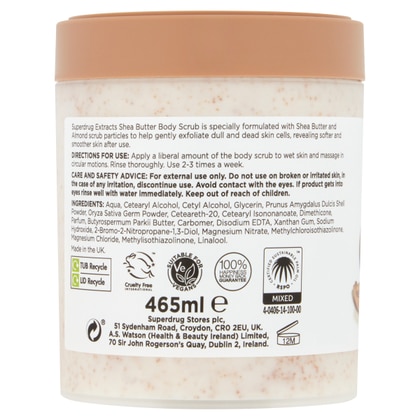 465 ML Superdrug Extracts SHEA BUTTER BODY SCRUB Scrub Corpo Esfoliante al Burro di Karitè e Mandorla  1 di 2 