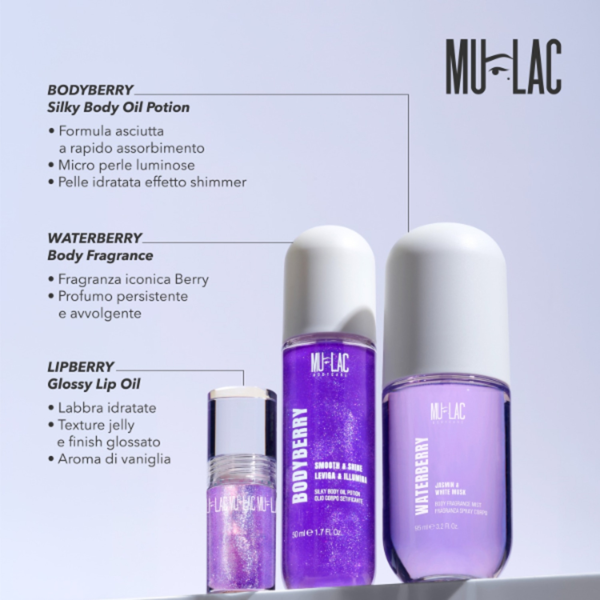 50 ML Mulac BODYBERRY Olio Corpo Setificante 1 di 3