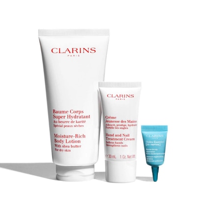 200ml+30ml+3ml Clarins GLI INDISPENSABILI PER IDRATAZIONE CORPO Cofanetto Regalo  1 di 4 