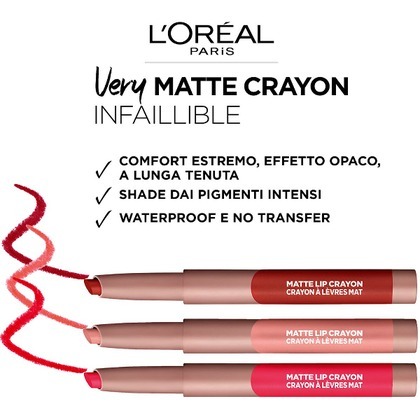  L'Oréal Paris VERY MATTE CRAYON INFAILLIBLE Rossetto effetto opaco, comfort estremo, a lunga durata  1 di 3 