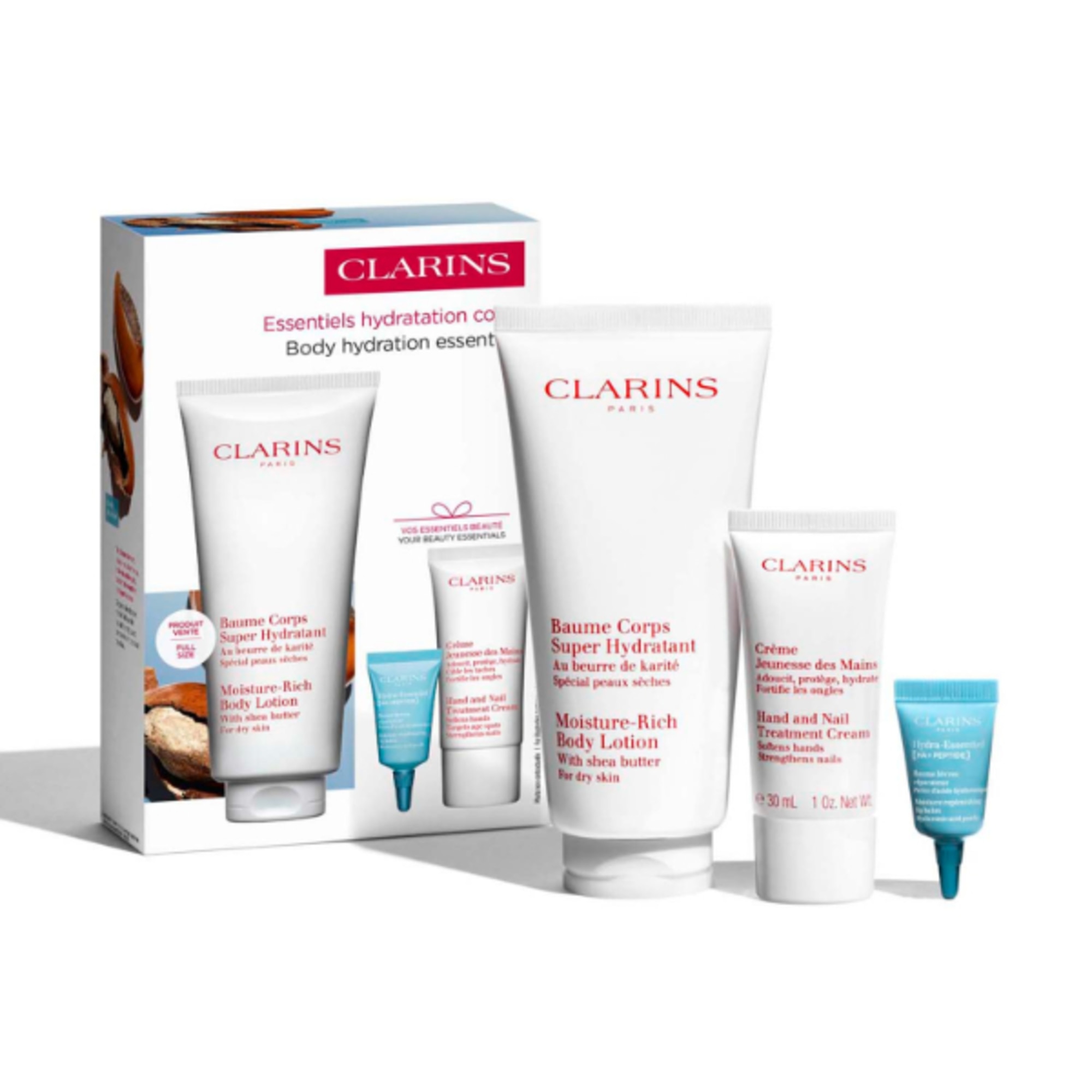 200ml+30ml+3ml Clarins GLI INDISPENSABILI PER IDRATAZIONE CORPO Cofanetto Regalo 1 di 4
